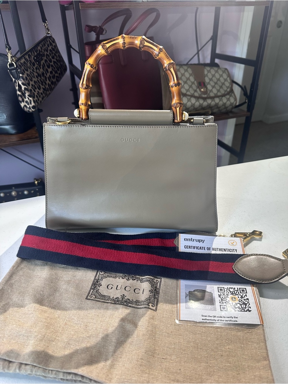Gucci Taupe Leather Bamboo-Handle Satchel with Navy & Red Strap - Picture 15 of 16